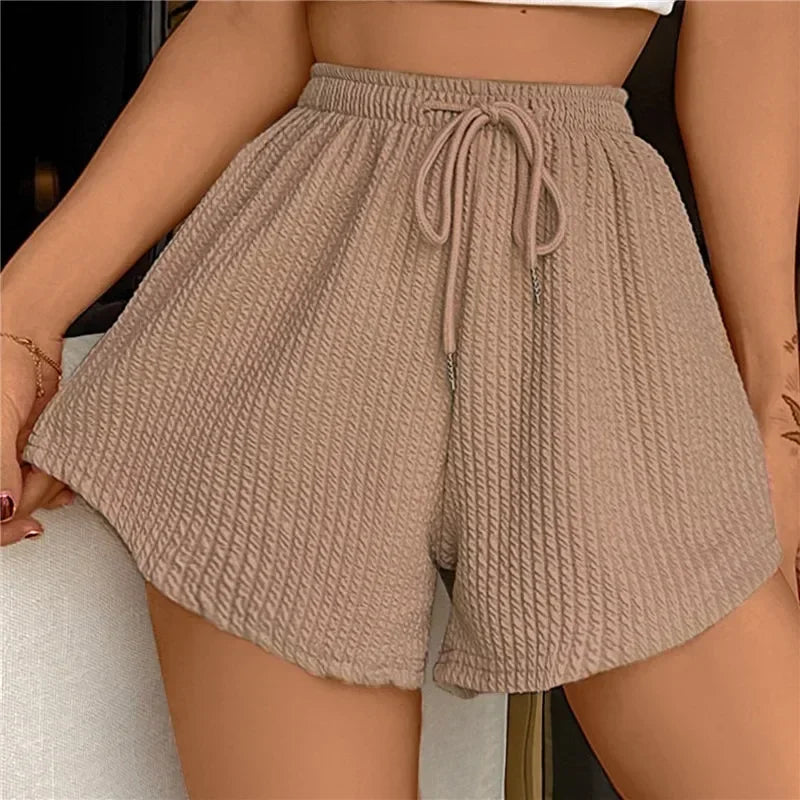 Women Shorts Summer High Elastic Lace Up Drawstring Wide Leg Sweat Fitness Running Shorts Loose Casual Large Sports Pants - Dhavinci