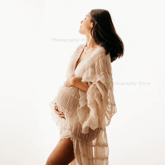 Boho Maternity Dresses For Photo Shoot Sexy V-neck Pleated Chiffon Long Sleeve Ruffle Pregnancy Dress Women's Photography Gowns - Dhavinci