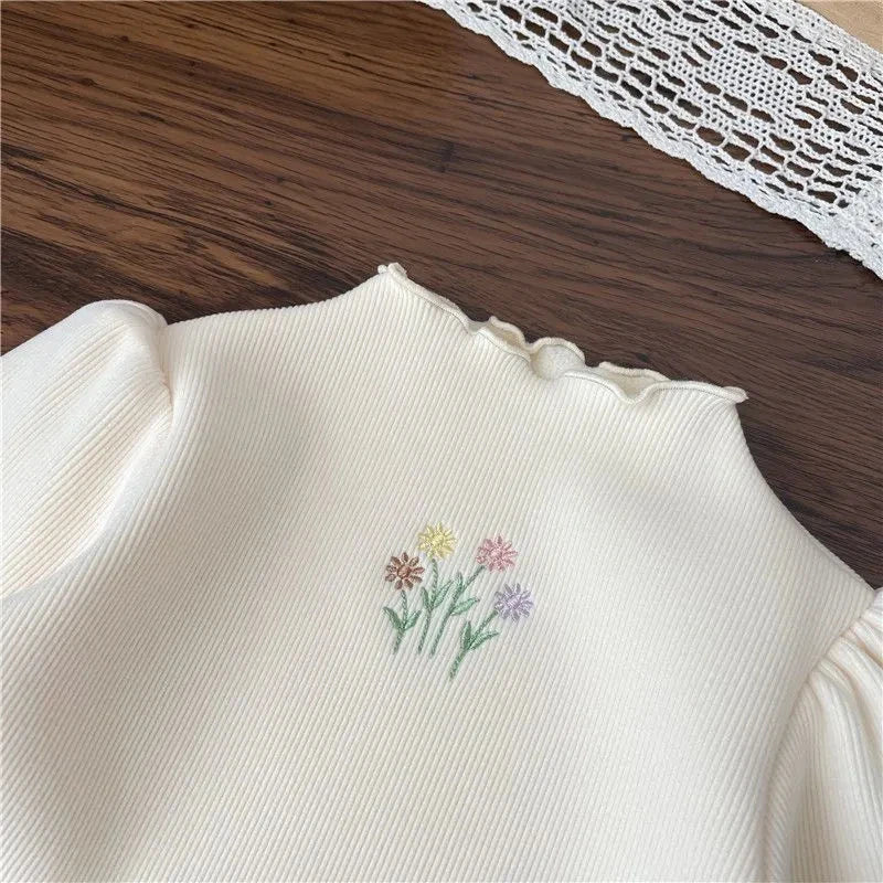 Cute Baby Girls Winter Top | Puff Sleeve Embroidery Sweater - Dhavinci