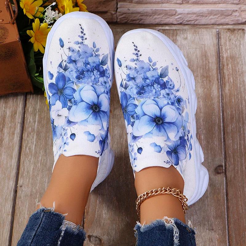 Flower Print Platform Sneakers for Women | Breathable Slip-On Shoes - Dhavinci