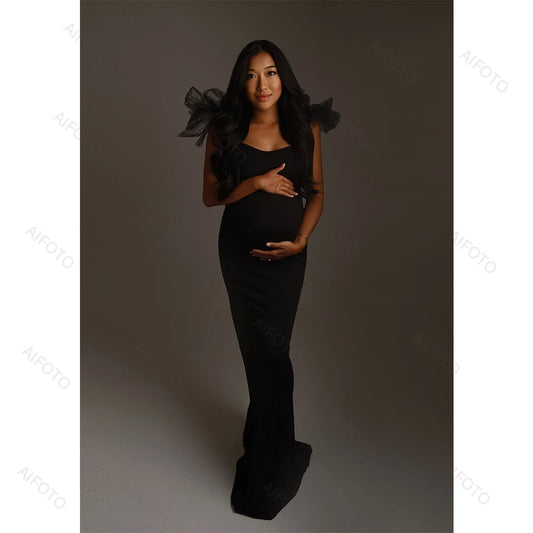 Black Evening Maternity Dresses Bow Pregnancy Gowns For Photoshoot Outfit Pregnant Women Maxi Dress Clothes Shooting Photo Props - Dhavinci