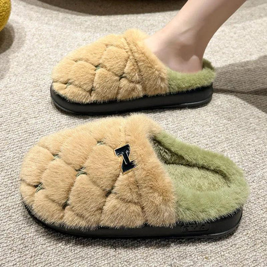 Winter Plaid Cotton Slippers for Women | Warm, Non-Slip Indoor Slides - Dhavinci