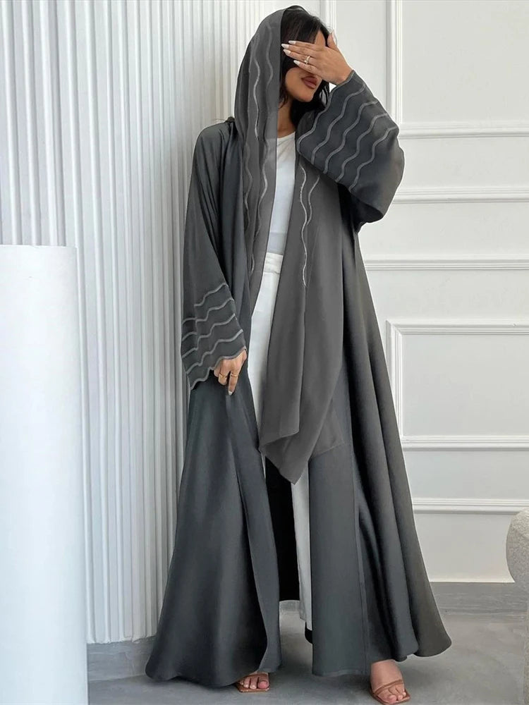 Ramadan Eid Women Gray Black Dubai Khimar Abaya Islam Muslim Kimono Hijab Dress Set Kebaya Kaftan Djellaba Robe Femme Musulmane - Dhavinci