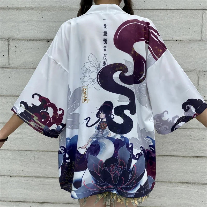 Bebovizi Japanese Style Flaming Phenix Print Cardigan Kimono Harajuku Women Men Sexy Yukata Female Streetwear Traditional Haori - Dhavinci