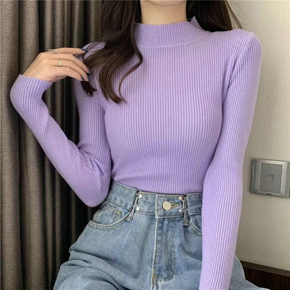 Women Long Sleeved Turtleneck Sweater Harajuku Pullover Women Knit Sweater Slim Elastic Korean Simple Basic Jumper Solid Tops - Dhavinci