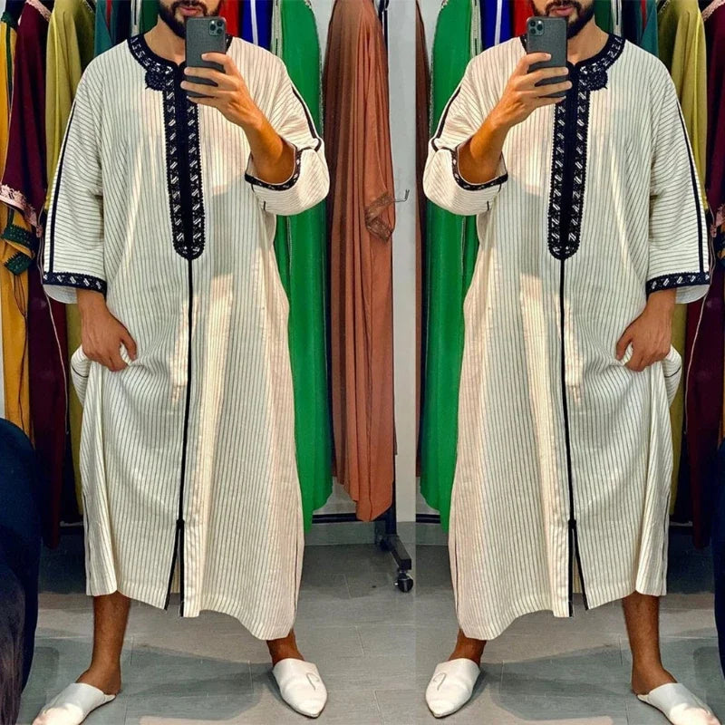 Men's White Muslim Robe | Djellaba with Stripe Print - Dhavinci