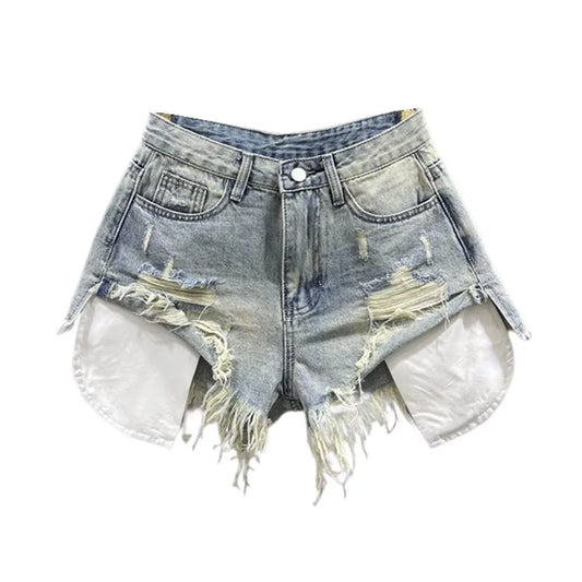 Korean Vintage Blue Sexy Ripped Jeans for Women Patchwork A-line High-waisted Denim Ultra Shorts - Dhavinci