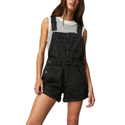 Summer Women Denim Overalls Adjustable Straps Romper Shorts y2k Style Casual Rolled Cuff Shortalls with Pockets Streetwear - Dhavinci