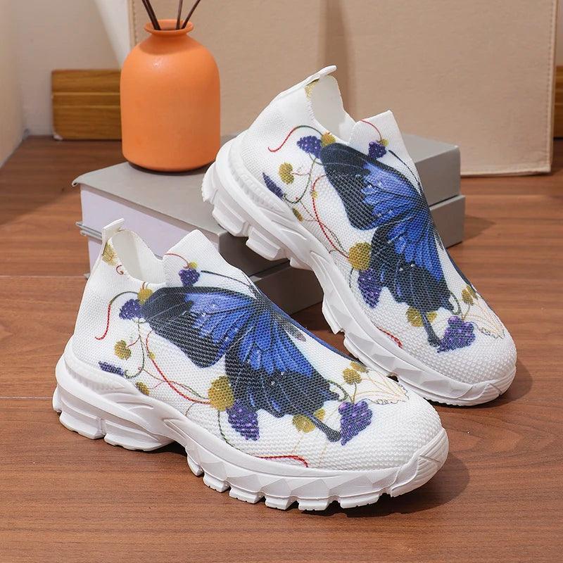 Butterfly Print Platform Sneakers for Women | Slip-On Breathable Casual Shoes - Dhavinci