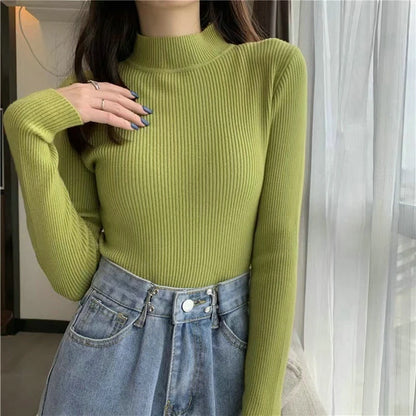 Women Long Sleeved Turtleneck Sweater Harajuku Pullover Women Knit Sweater Slim Elastic Korean Simple Basic Jumper Solid Tops - Dhavinci