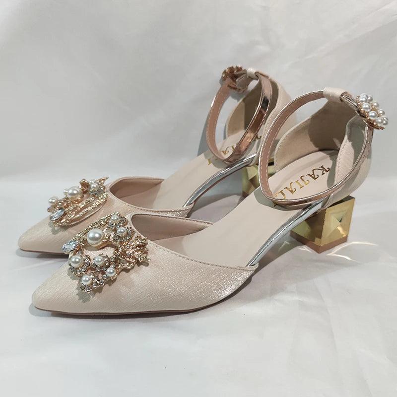 Elegant Beige Wedding Shoes for Women | Crystal Pearl High Heels - Dhavinci