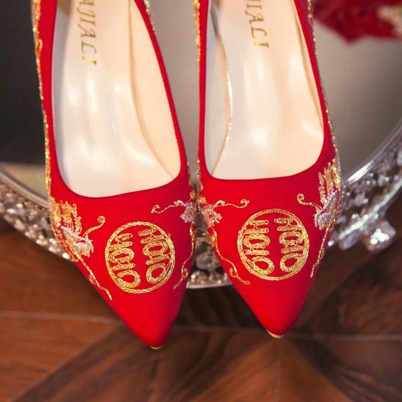 Red Embroidered Bridal Shoes - Elegant Chinese Style High Heels - Dhavinci