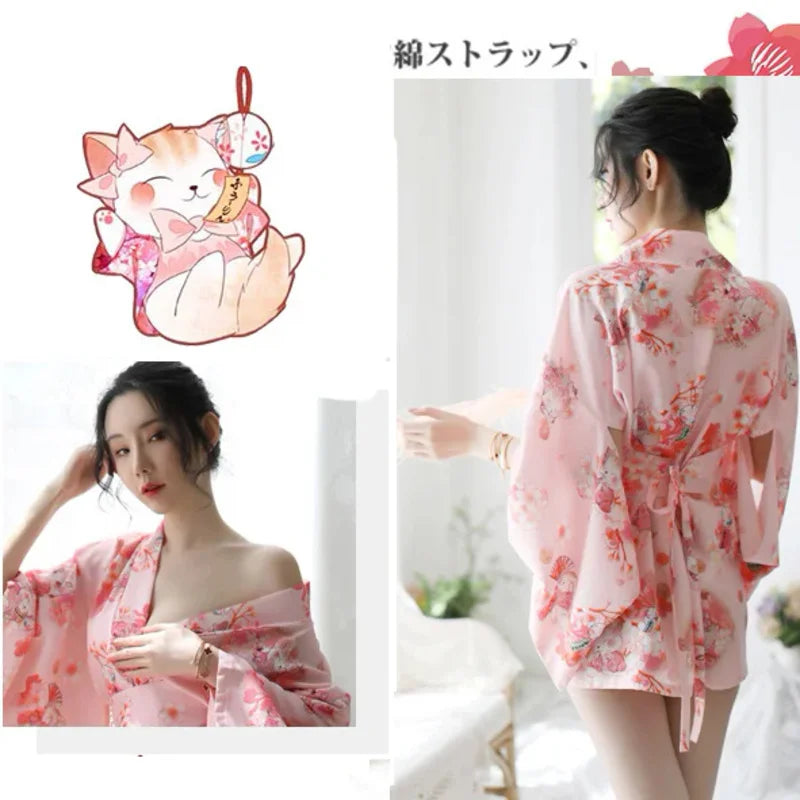 Sakura girl kimono dress Japanese style yukata bathrobe women floral print haori Japan uniform cosplay costume party short gown - Dhavinci