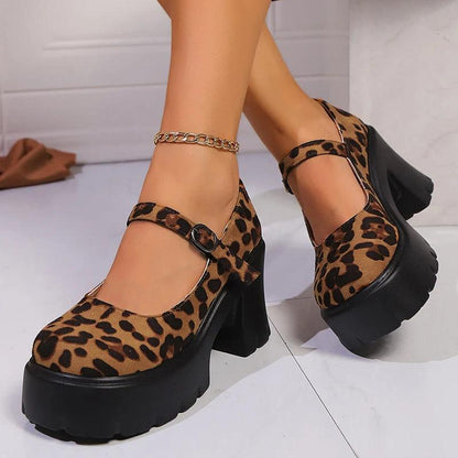 Leopard Print Platform Pumps for Women | Buckle High Heel Mary Janes - Dhavinci