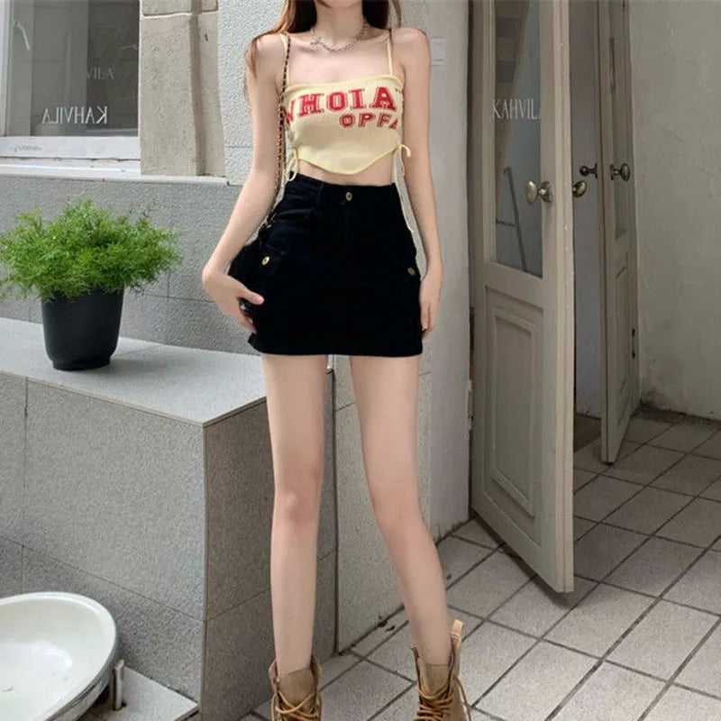 Summer Vintage Cargo Denim Skirts Women Harajuku High Waist Black Mini Skirt Woman Y2K with Pockets Button Jean Bag Hip Skirt - Dhavinci