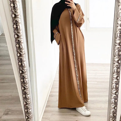 Casual Sequin Muslim Dress Women Solid Chiffon Kaftan Islamic Clothing for Women Arabian Dubai Abayas Vestido Longo Feminino - Dhavinci