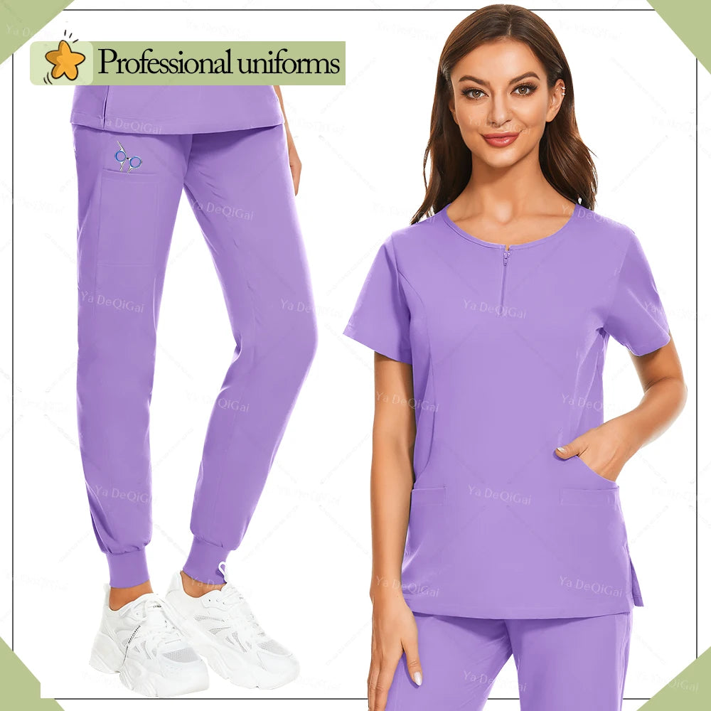 New Medical Surgical Uniforms Woman Scrub Set Beauty Salon Workwear Clinical Scrubs Top Pocket Pants Vet Doctor Zip Nursing Suit - Dhavinci