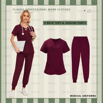 Nurse Uniforms Woman Short Sleeve V Neck Top Scrubs Jogger Pants Medical Scrubs Set Women Summer Casual Uniformes Clinicos Mujer - Dhavinci