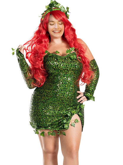 Women's Poisonous Villain Sexy Cosplay Costume Dress Set Halloween Deluxe Green Ivy Costume Sequin Dress - Dhavinci