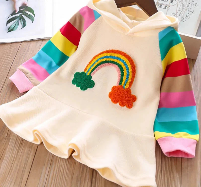 Girls Rainbow Striped Princess Dress | Autumn Long Sleeve Kids Dress