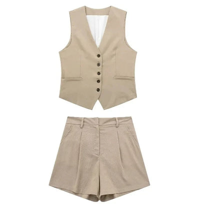 Vintage Women’s Pant Set | V-Neck Waistcoat & Slim Zipper Shorts Suit - Dhavinci