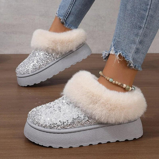 Bling Sequin Plush Snow Boots for Women | Faux Fur Warm Winter Ankle Boots - Dhavinci