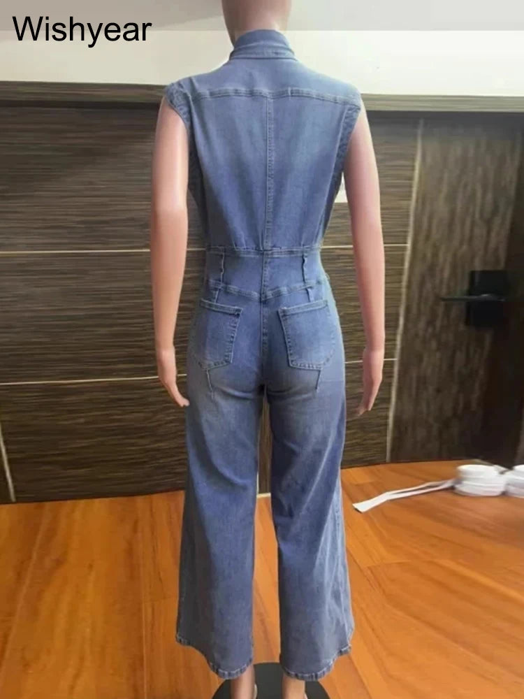 Vintage Loose Denim Wide Leg Pants Jumpsuit Women Pocket Sleeveless Single Breasted Baggy Jean One Piece Rompers Street Overalls - Dhavinci