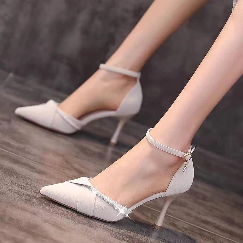 Bling Crystal Ankle Strap Pumps for Women - Pointed Toe High Heels - Dhavinci