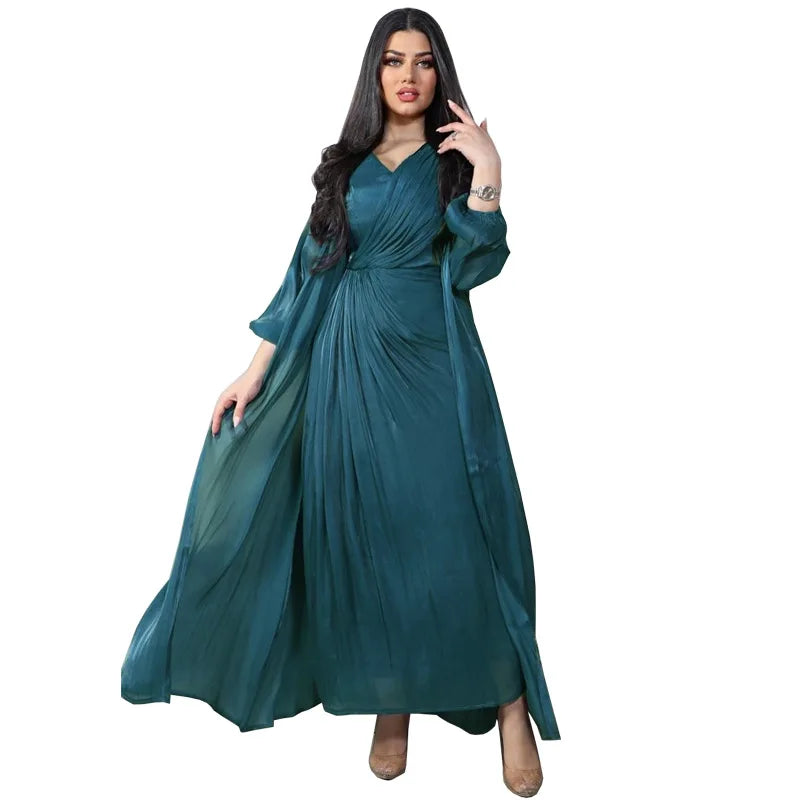 Morocco Party Dress 2 Piece Set | Silky Satin Eid Caftan Abaya - Dhavinci