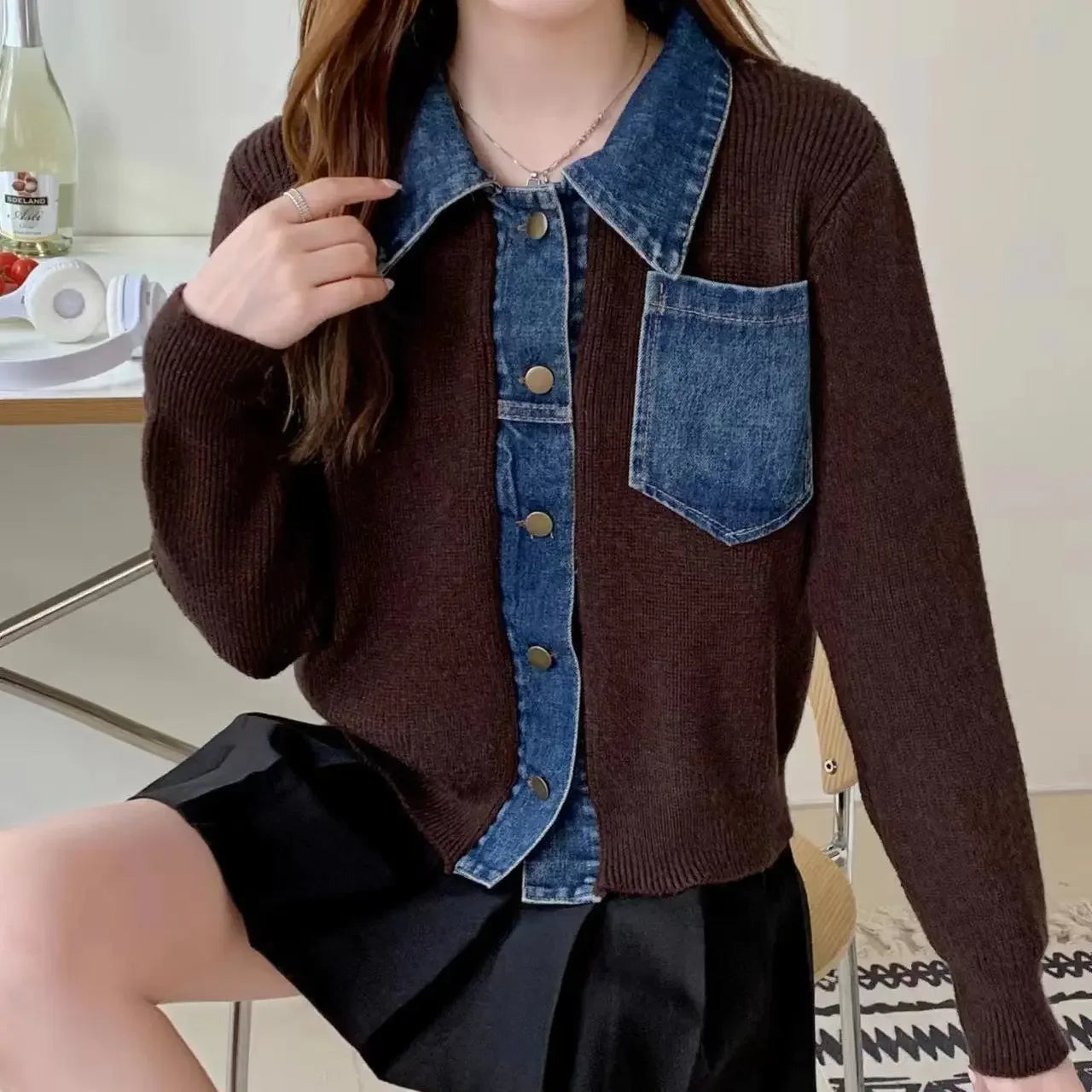 Small Spring Autumn Outerwears Female Jeans Coat Short Black Patchwork Crop Women's Denim Jackets Knitted 2024 New Collection In - Dhavinci