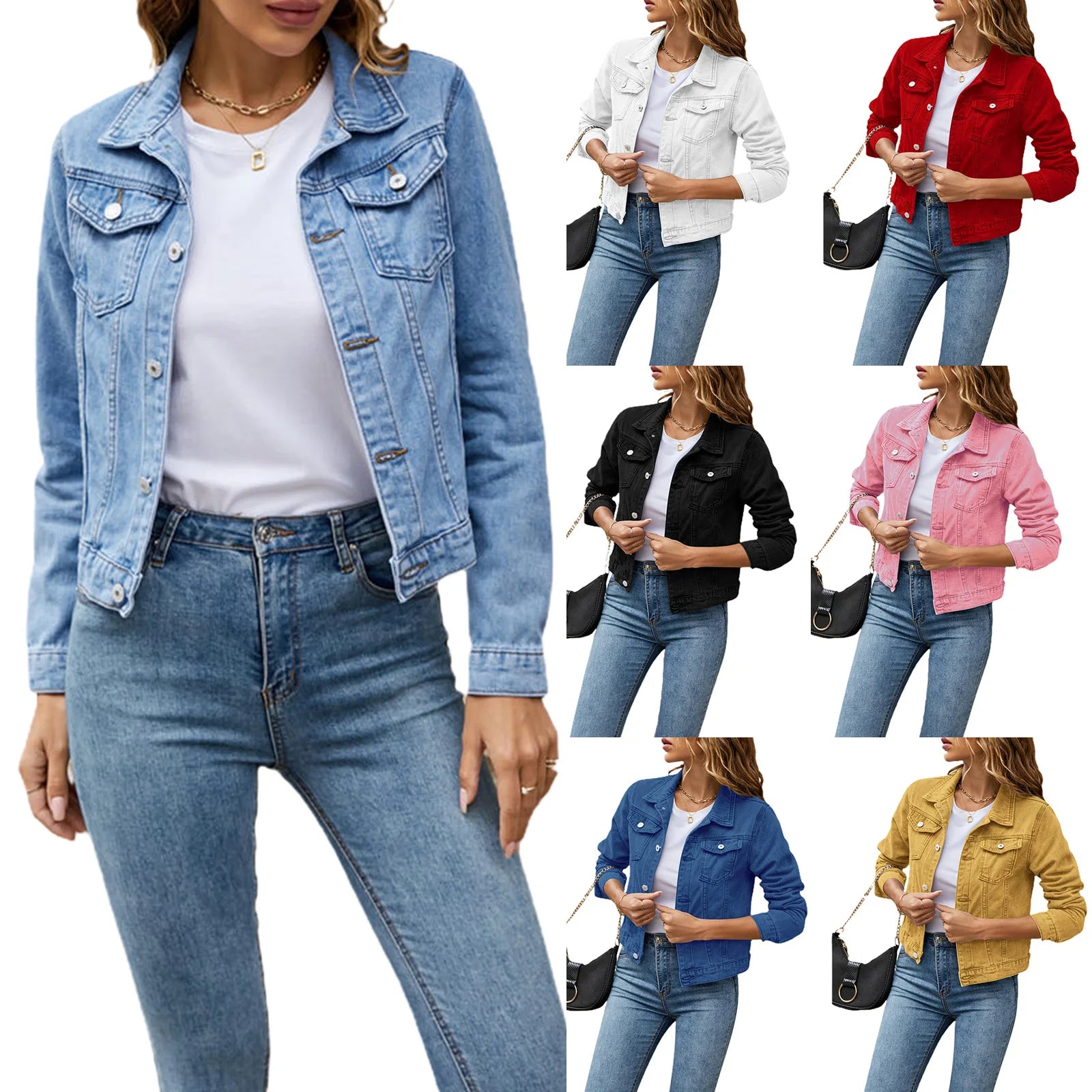 Women's Denim Jackets Fashion Female Casual Long Sleeve Lapel Solid Button Down Chest Pocket Slim Jean Jacket Fall Winter Coat - Dhavinci