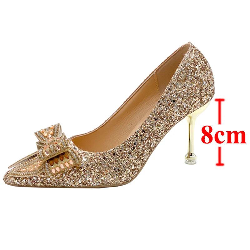 Bling Bridal Shoes for Women - Crystal Bow Thin Heels Pumps - Dhavinci