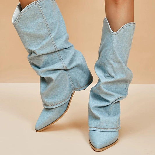 Pleated Denim Knee High Boots for Women | Pointed Toe Cowboy Boots - Dhavinci