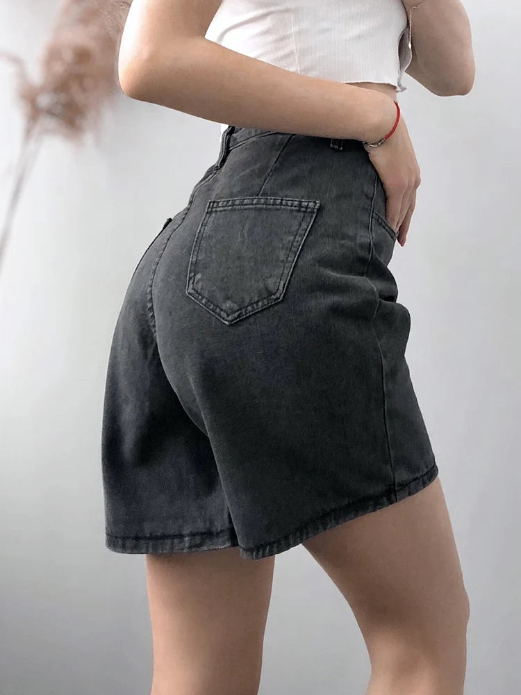 FTLZZ New Summer Women High Waist Button Wigh Leg Jeans Shorts Casual Female Loose Fit Blue Denim Shorts - Dhavinci