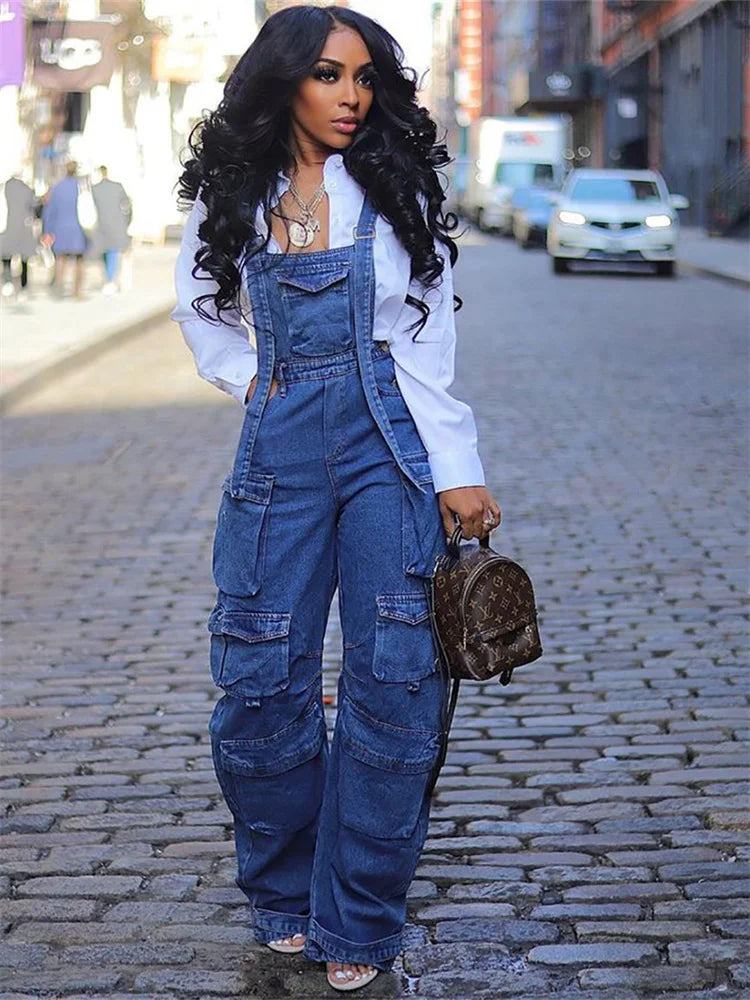 Wmstar Women Jumpsuit Fashion Rompers Streetwear Sleeveless Denim Vintage Loose Jeans Overalls Pockets Wide Leg Female Pants - Dhavinci