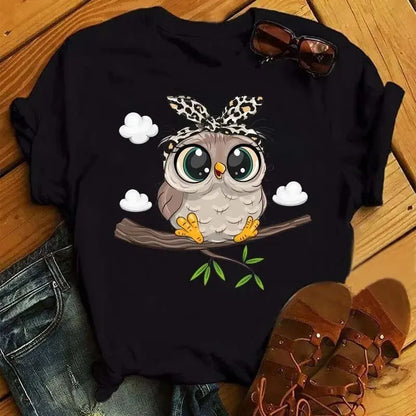 Cartoon Owl Print T Shirt Women Kawaii Graphic Shirts Casual Short Sleeved Black Female Tee O-neck Harajuku T-shirts - Dhavinci