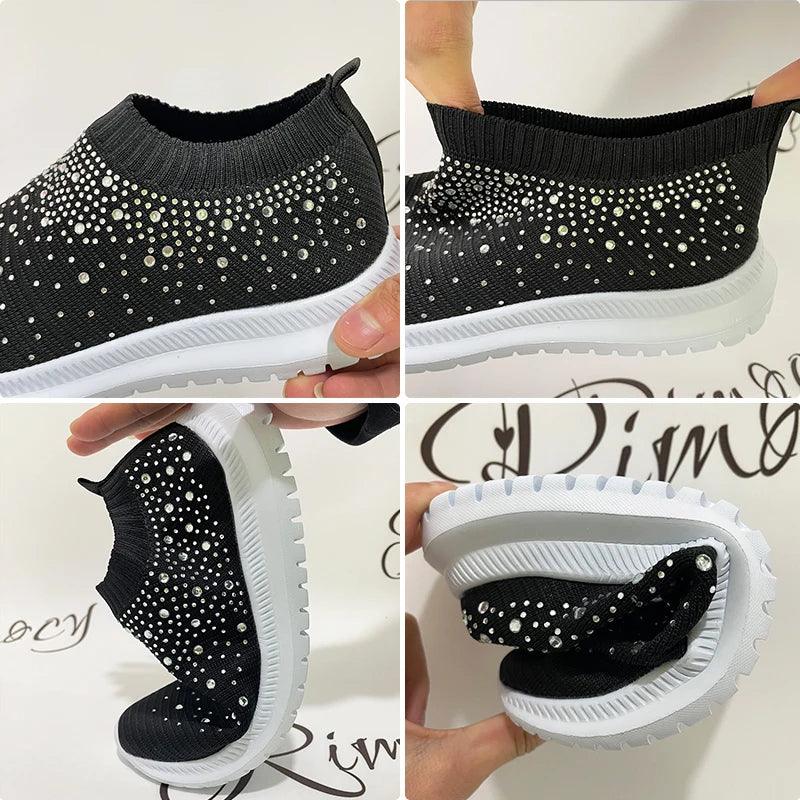 Shining Crystal Flats for Women | Breathable Knit Platform Sneakers - Dhavinci