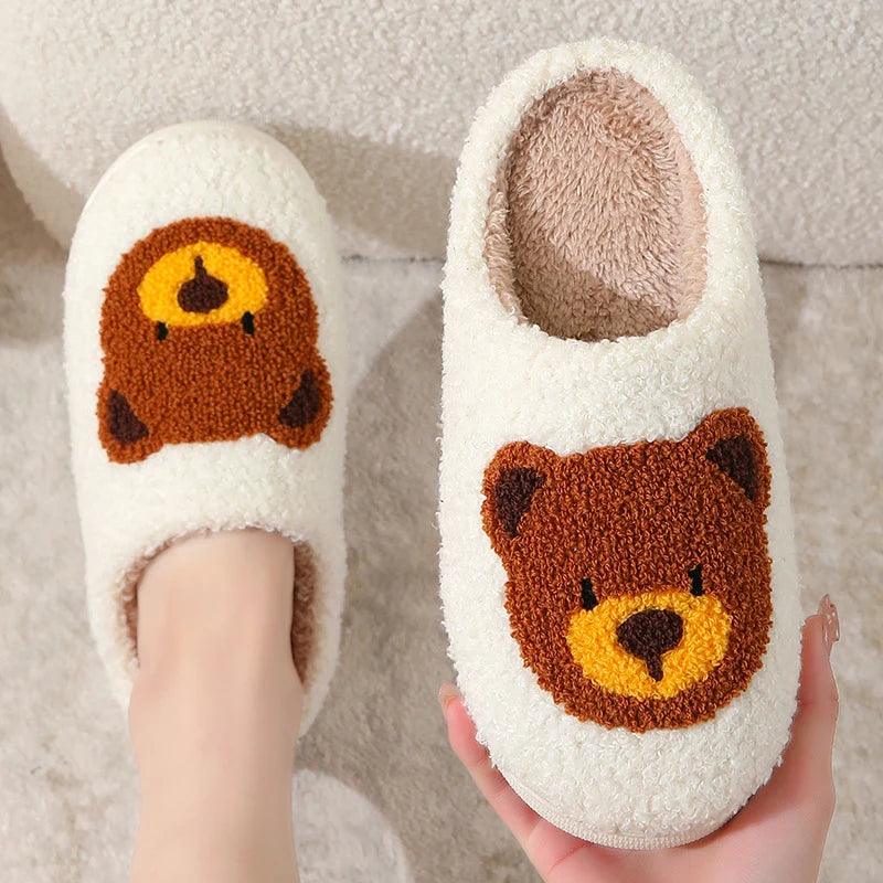 Cute Bear Print Winter Slippers for Women | Non-Slip Plush Cotton Slides - Dhavinci