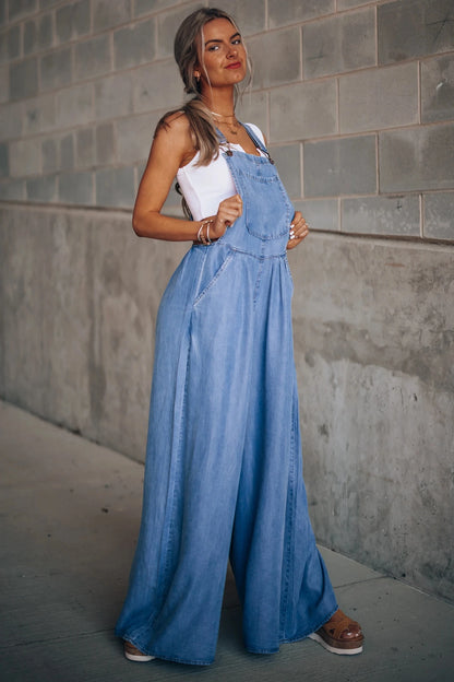 Summer Overalls For Women Blue Denim One-Piece Jumpsuits Loose Wide-Leg  With Pocket High-Waist Jumpsuits - Dhavinci