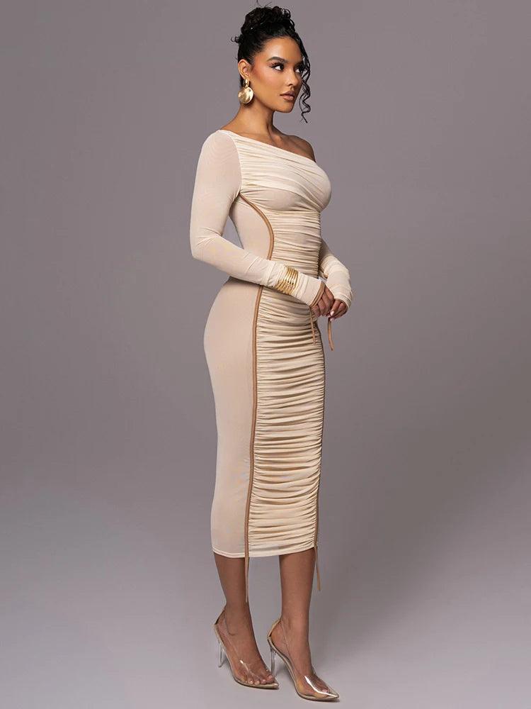 Diagonal Collar Long Sleeve Midi Dress | Backless Ruched Bodycon Party Dress - Dhavinci