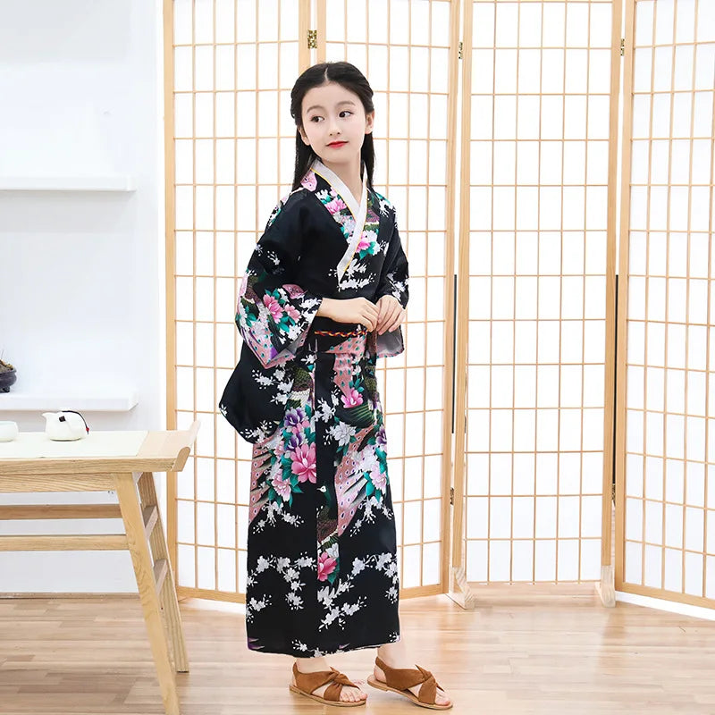 Classic Traditional Girls Kimono Gown Yukata with Obitage Japanese Bathrobe Print Flower Satin Cosplay Performance Clothing - Dhavinci