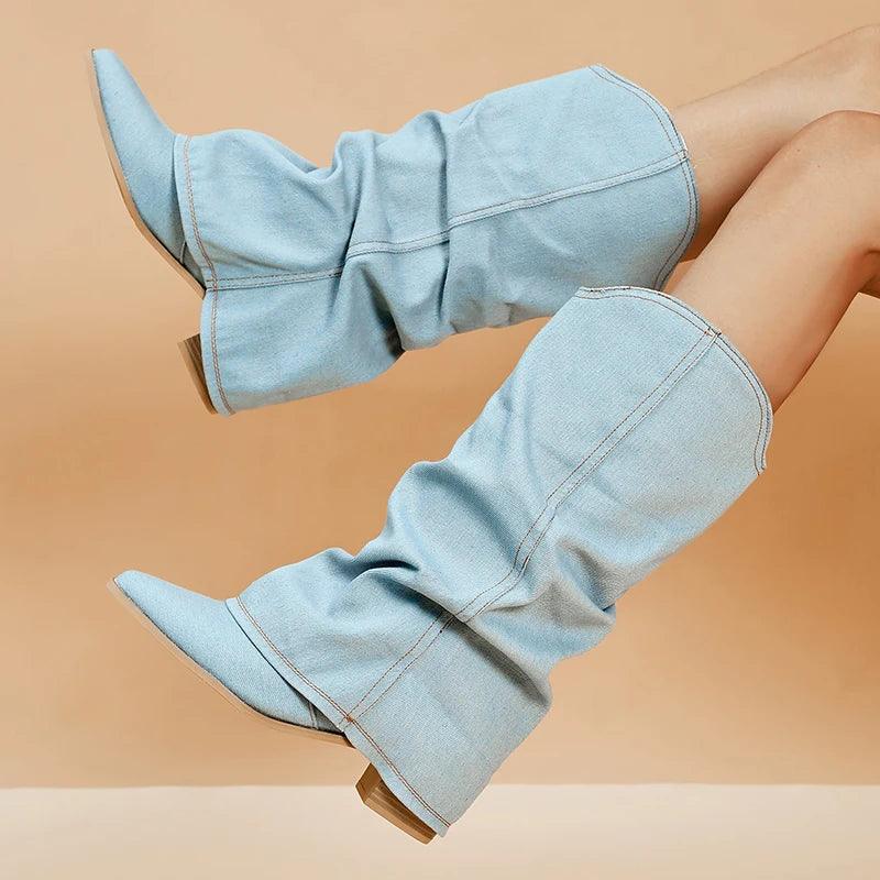 Pleated Denim Knee High Boots for Women | Pointed Toe Cowboy Boots - Dhavinci