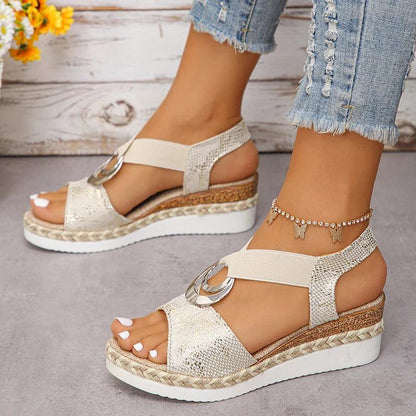 Snake Print Wedge Sandals - Metal Decor Gladiator Shoes - Dhavinci