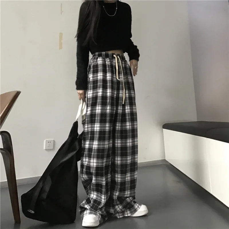 Trendy Black & White Plaid Women’s Pants | Summer Wide-Leg Trousers - Dhavinci