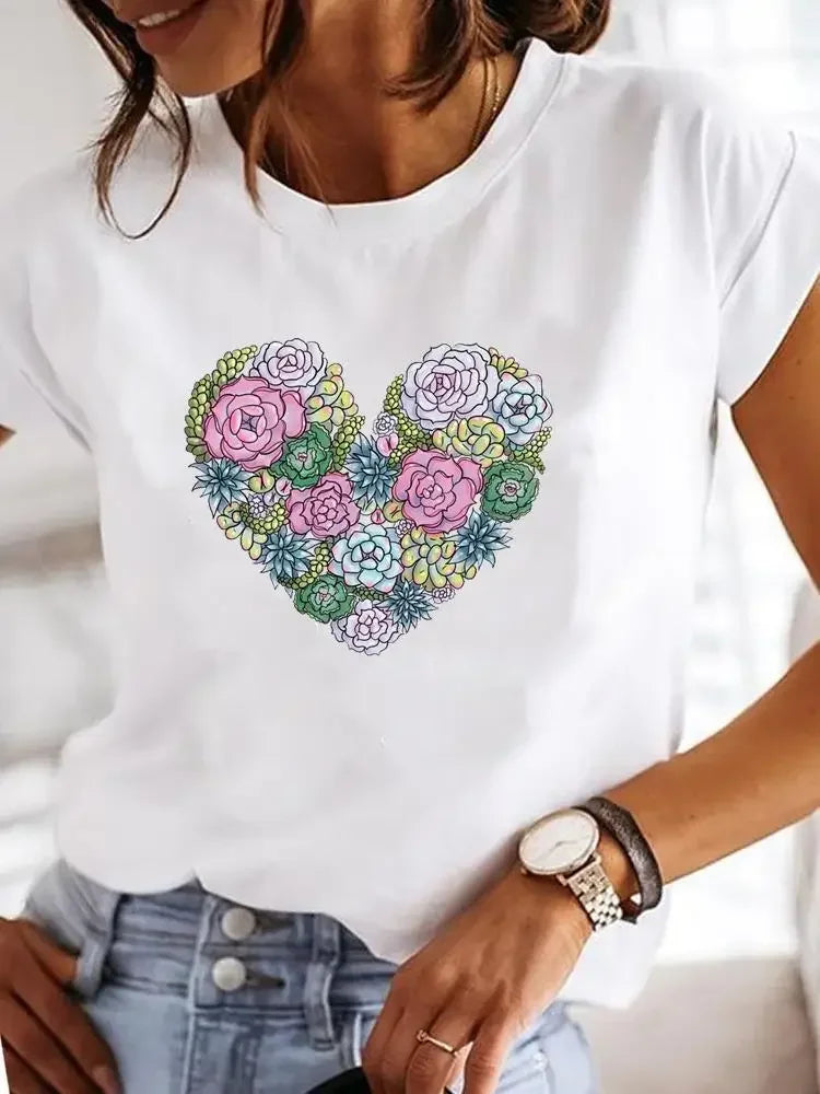 Casual Love Heart Graphic Tee for Women | Sweet Watercolor Summer Shirt - Dhavinci