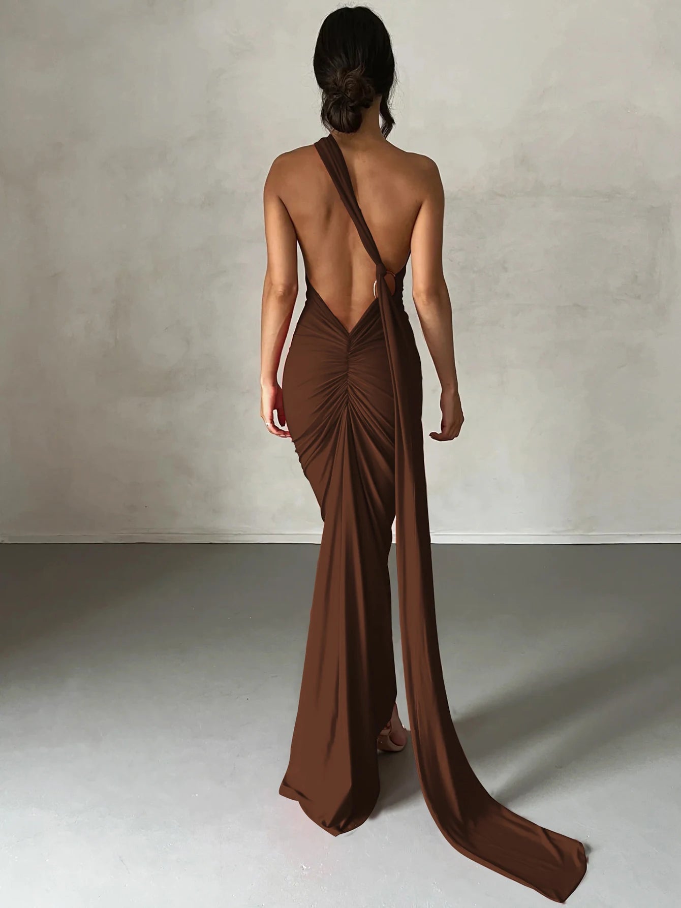 One-Shoulder Backless Ruched Maxi Dress | Sexy Y2K Festival Outfit - Dhavinci