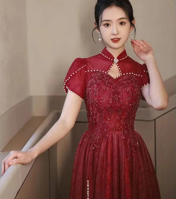 Mandarin Collar Pearls Bachelorette Party Dress Women Elegant Luxury Vintage Red Prom Dress Long - Dhavinci