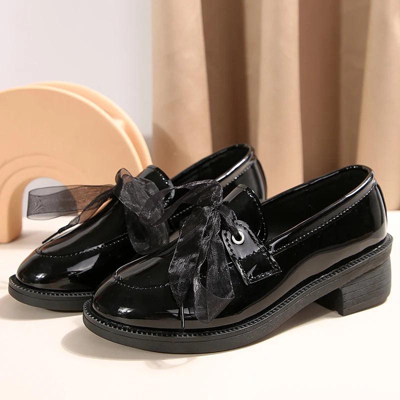 Fashion Ribbon Lace-Up Loafers for Women | Patent Leather Med Heel Pumps - Dhavinci