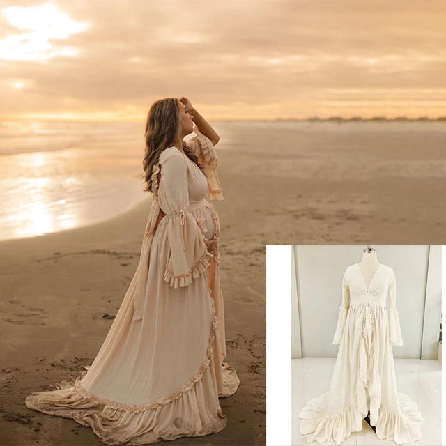 Maternity Photography Gown Linen Cotton Bohemian Ruffled Butterfly Dew Back Dress Pregnant Women Dresses For Photo Shooting - Dhavinci