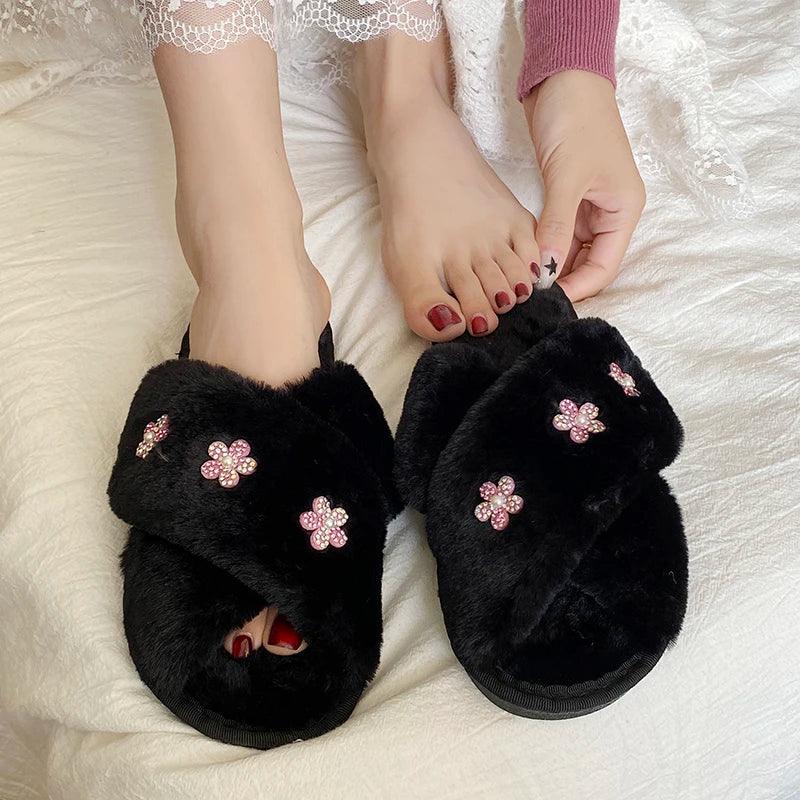 Fashion Flower Fluffy Slippers for Women | Peep Toe Faux Fur Slides - Dhavinci